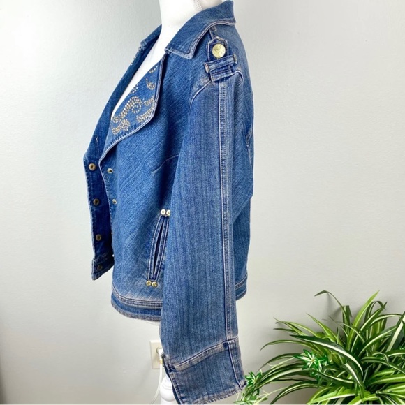 Plus Size 1X Jean Jacket Vintage Bling Zippers Crest Jeans - Picture 9 of 12